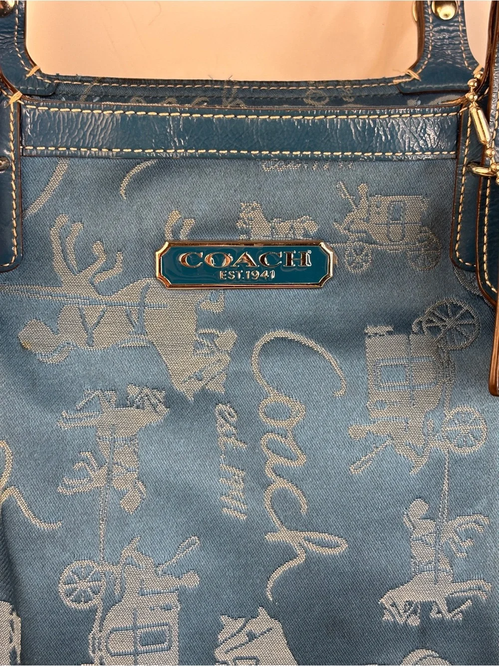 Y2K-era vintage Coach Gallery Horse & Carriage Tote Bag Teal Color